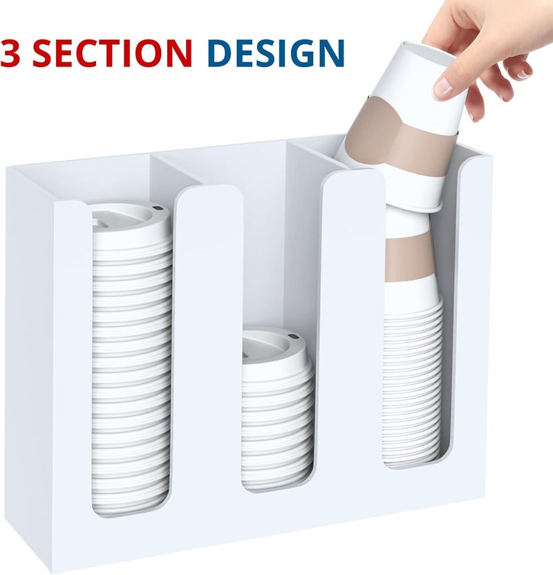 KOTEMON Acrylic Cup Holder, 3 Compartment, Disposable Coffee Cup Dispenser Storage Organizer, White - Image 2